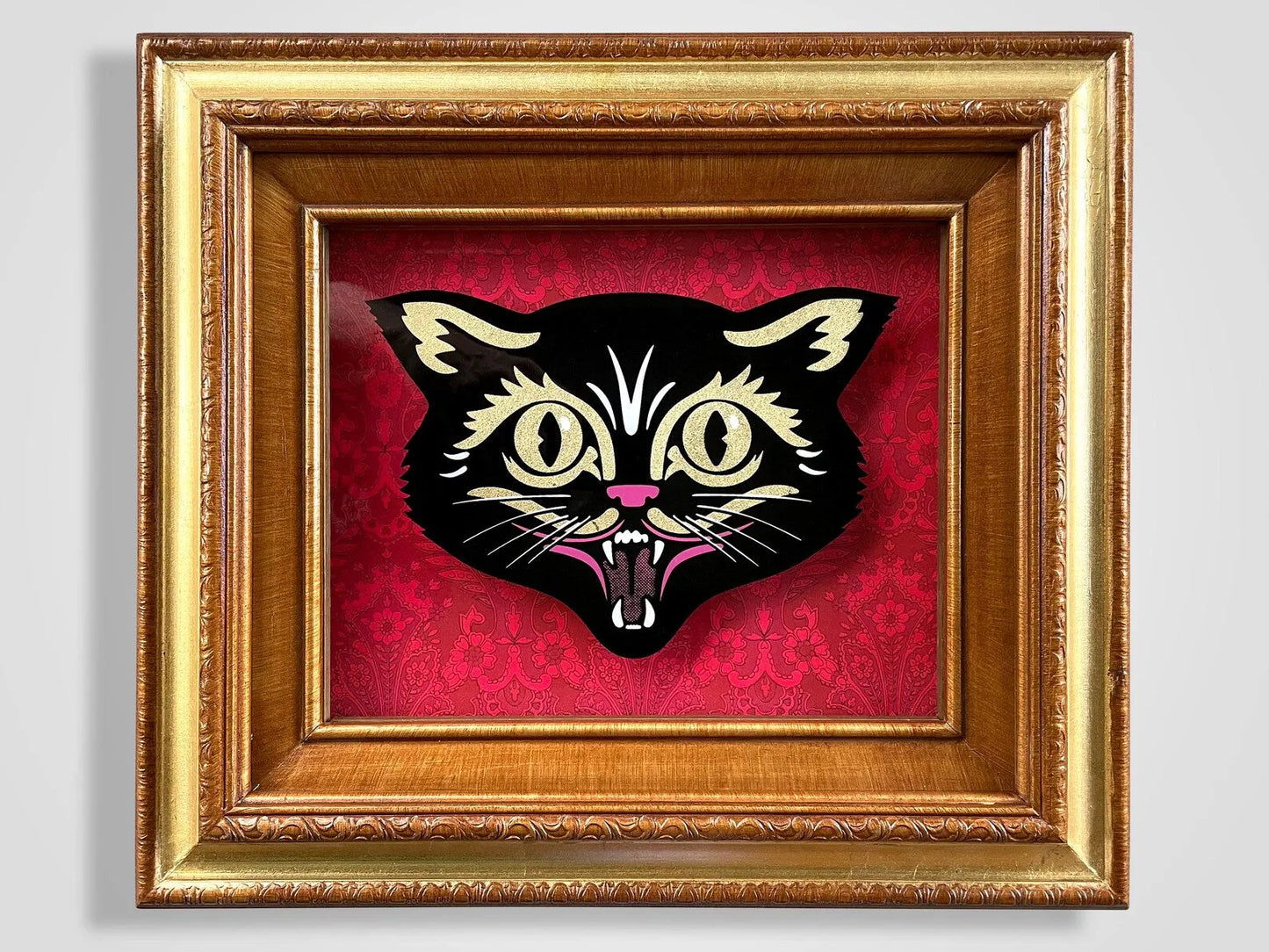 Black Cat Silk Screen Shadow Box Original Art, Nerdmonger, Pop Art, Haloween, Rebel Girl Rampage