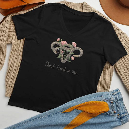 Don’t Tread On Me Uterus with Flowers women’s v-neck t-shirt, rattlesnakes and roses, feminist pro choice, Abortion rights, my body my choice, Rebel Girl Rampage