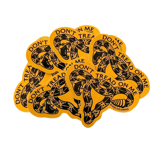 Don’t Tread On Me Uterus Die Cut Stickers, six gadsden uterus stickers featuring an illustration of a rattlesnake coiled in the shape of a uterus by Anne Lesniak, Rebel Girl Rampage