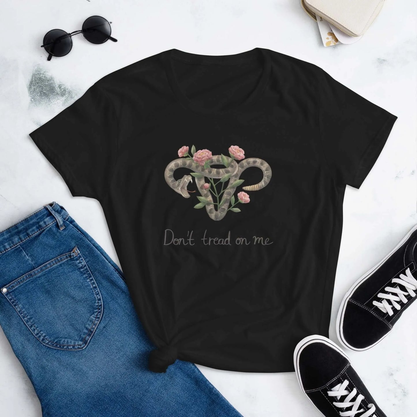 Don’t Tread On Me Uterus with Flowers Women’s T-Shirt, Rattlesnakes and Roses, Texas Pro Choice, Rebel Girl Rampage