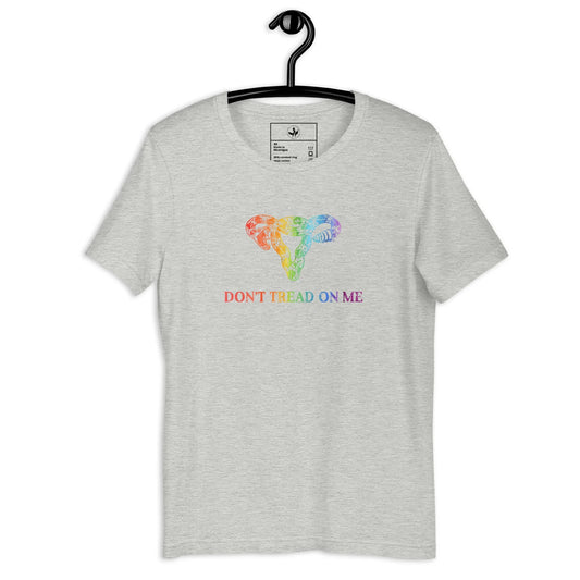 Light grey unisex t shirt with a rainbow graphic of a rattlesnake uterus and the words "Don't Tread On Me" feminism, girl power, empowering, reproductive rights, Rebel Girl Rampage