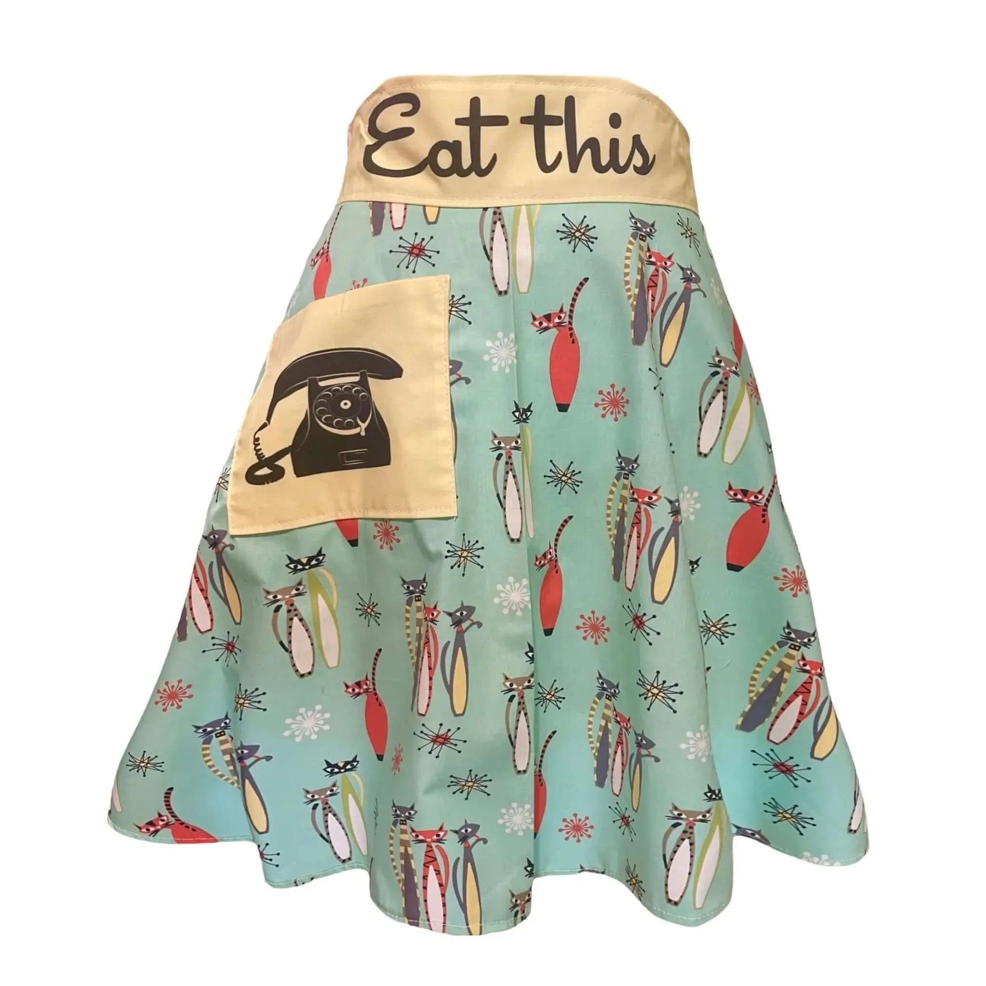 Retro Atomic Cat Vintage Waist Apron, Eat This, cats, mid mod, banana phone, Rebel Girl Rampage