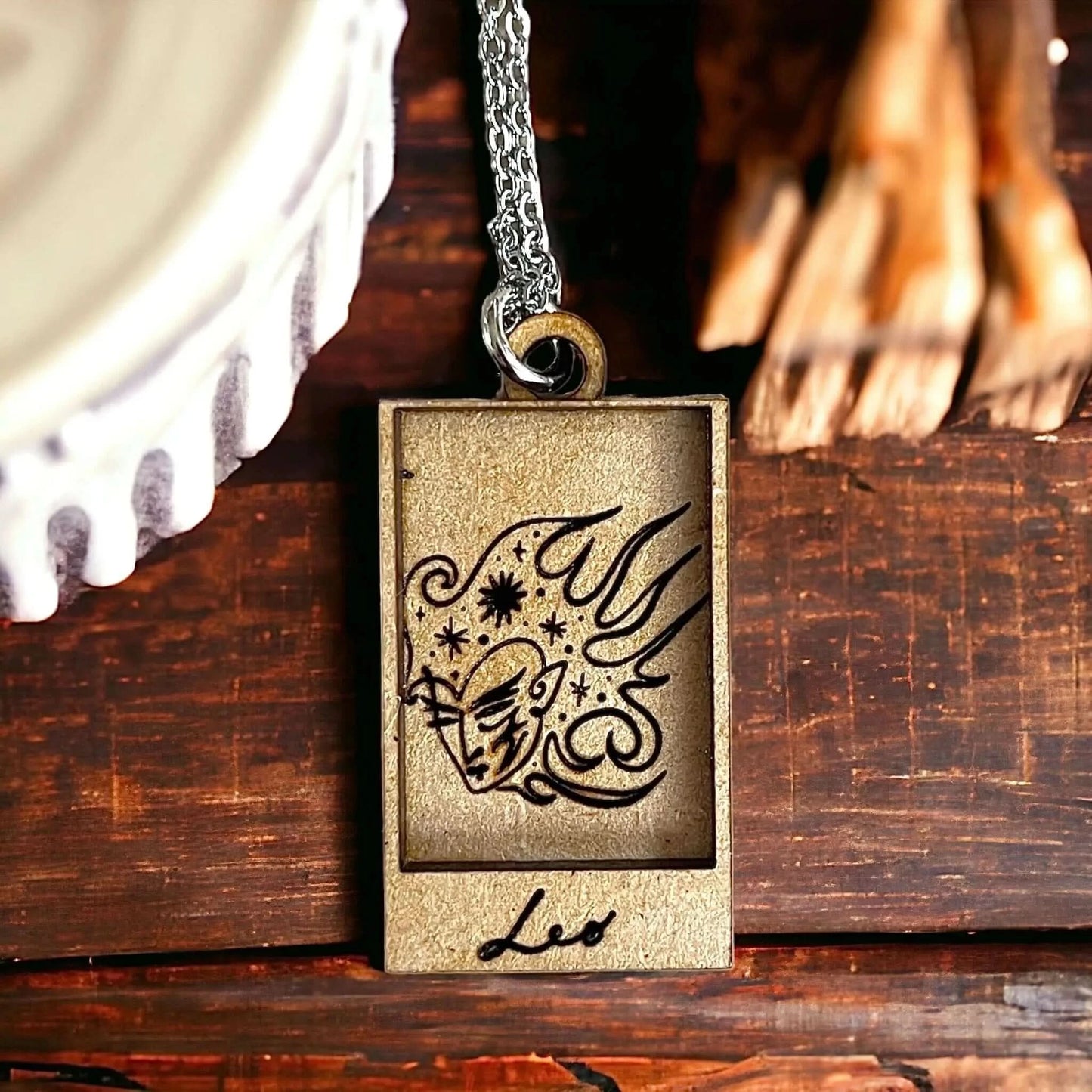 Leo Zodiac Astrology Wood Shadow Box Engraved Pendant Fire Sign Necklace Jewelry Charm Magic witch, Rebel Girl Rampage