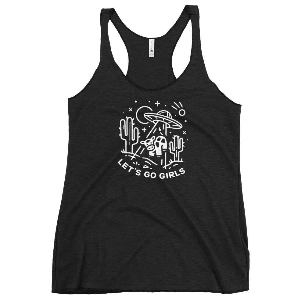 Black tank top with a southwestern graphic of a cow being beamed up by a UFO with the words, “Let’s Go Girls” from Rebel Girl Rampage