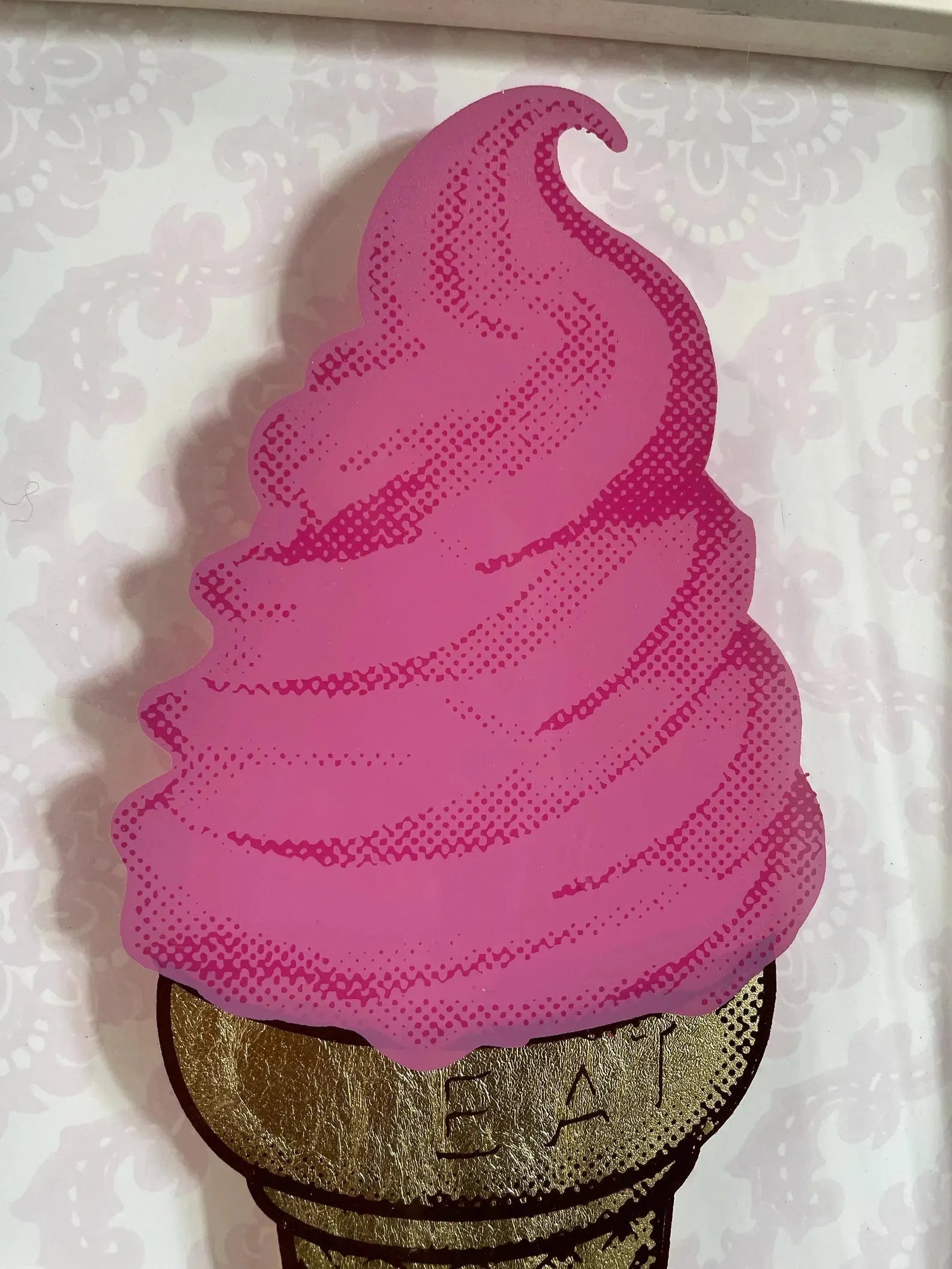 Pink Ice Cream Cone Shadow Box Art, Silk Screen with Gold Leaf, Pop Art, Soft Serve, Home Decor, Rebel Girl Rampage