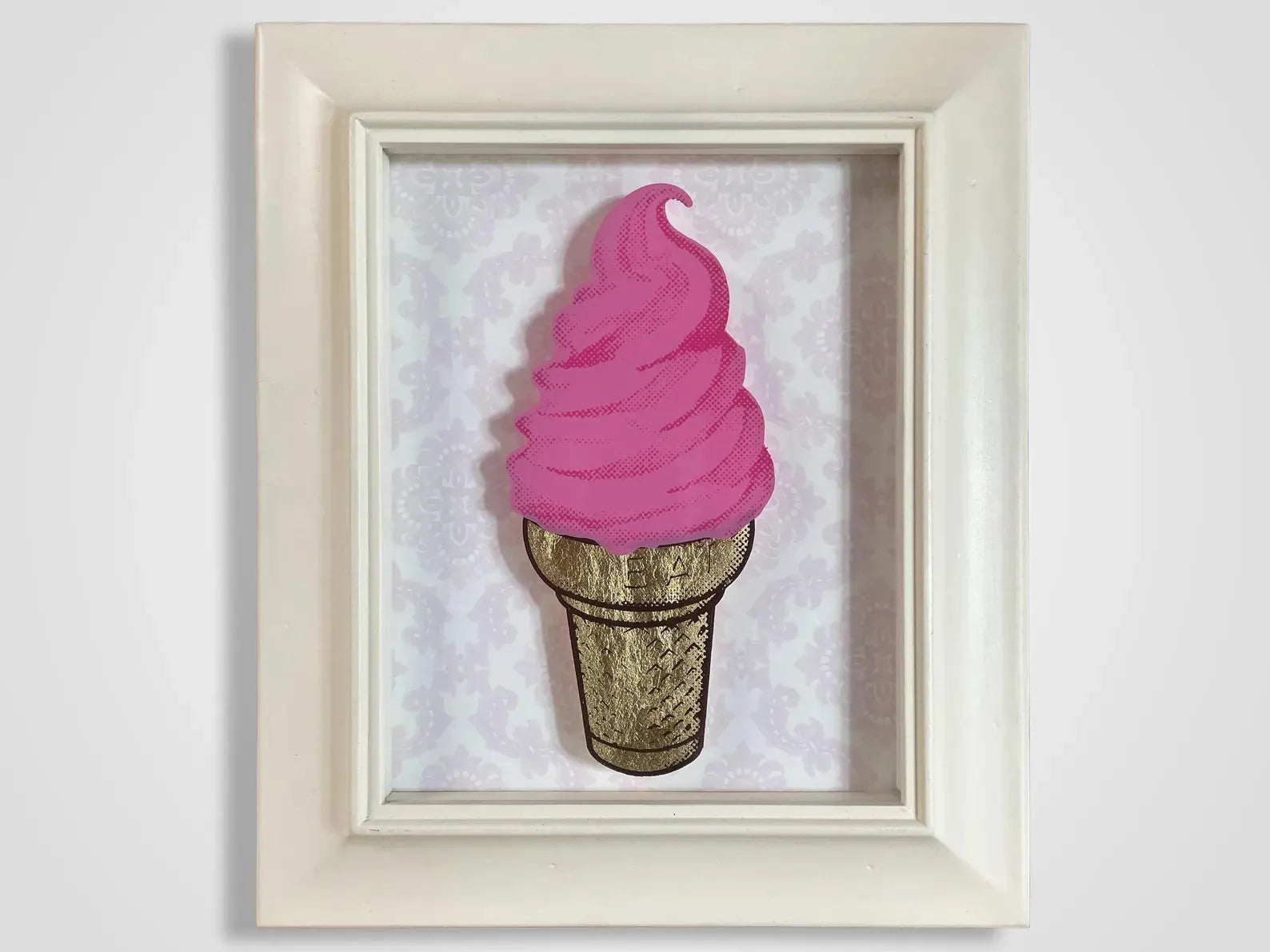 Pink Ice Cream Cone Shadow Box Art, Silk Screen with Gold Leaf, Pop Art, Soft Serve, Upcycled, Home Decor, Rebel Girl Rampage