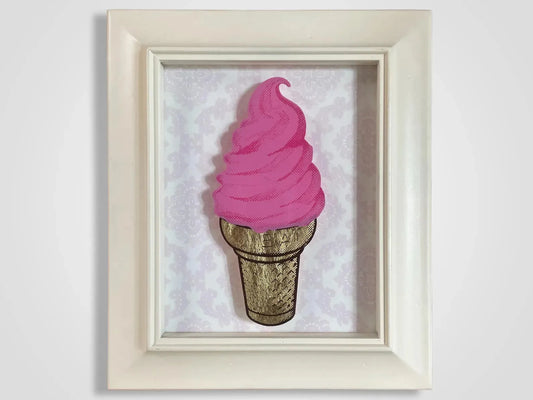 Pink Ice Cream Cone Shadow Box Art, Silk Screen with Gold Leaf, Pop Art, Soft Serve, Upcycled, Home Decor, Rebel Girl Rampage