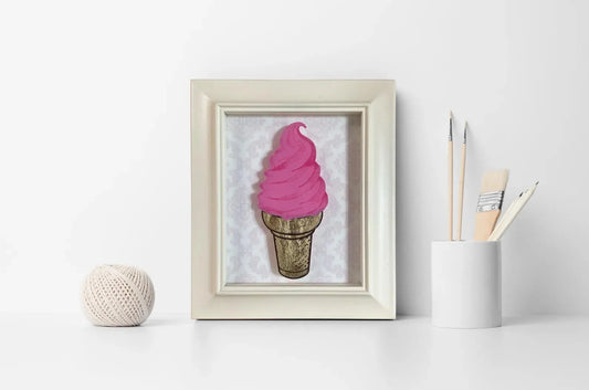 Pink Ice Cream Cone Shadow Box Art, Silk Screen with Gold Leaf, Pop Art, Soft Serve, Home Decor, Rebel Girl Rampage
