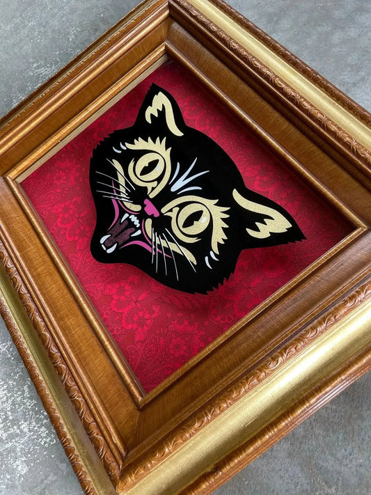 Black Cat Silk Screen Shadow Box Original Art, Nerdmonger, framed Pop Art, Haloween, Rebel Girl Rampage