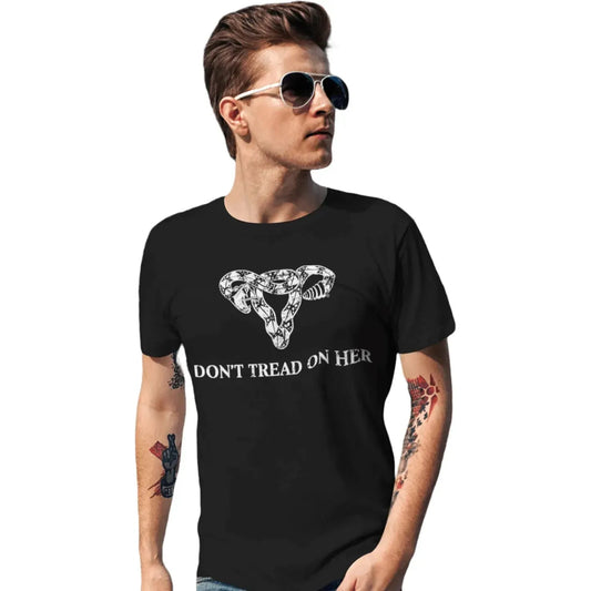 Don’t Tread On Her Uterus Mens T-Shirt, rattlesnake coiled in the same of a uterus graphic, Anne lesniak, Rebel Girl Rampage