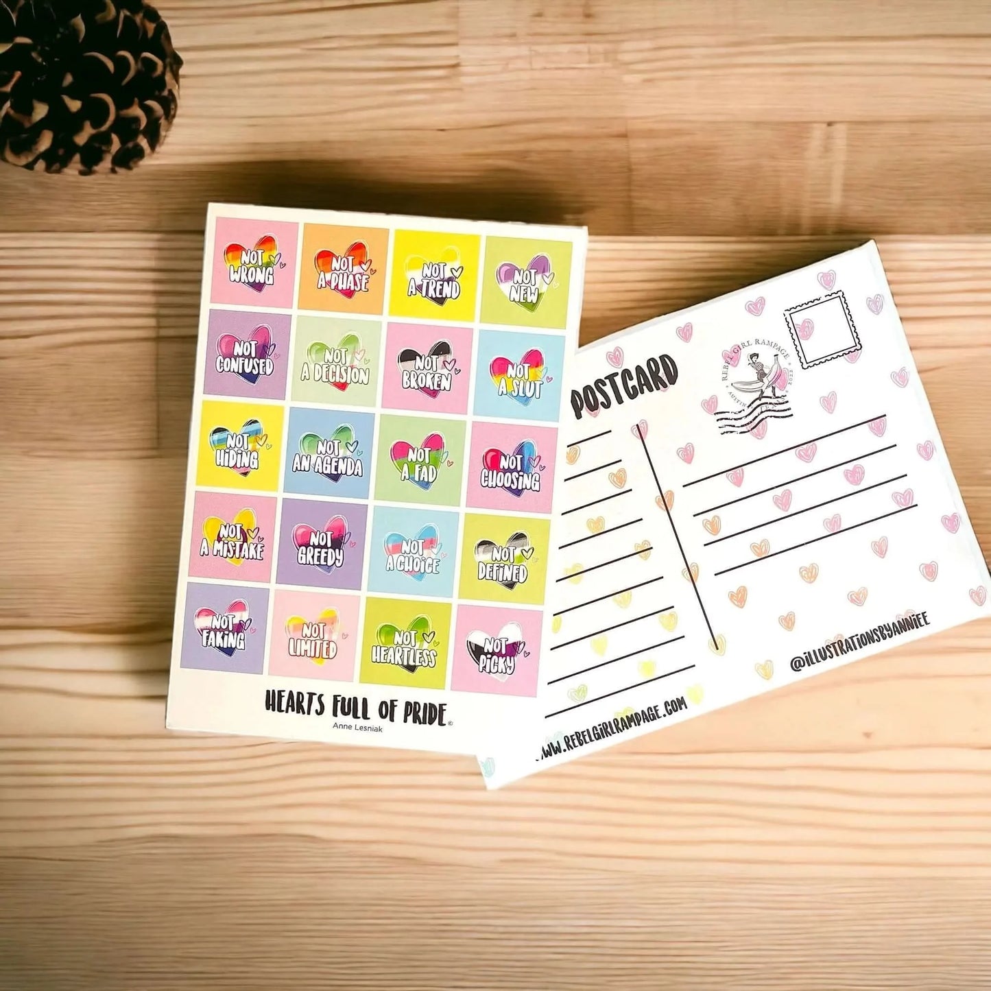 Hearts Full Of Pride Postcard, LGBTQ community, hearts, pride, love, gender affirming, Rebel Girl Rampage