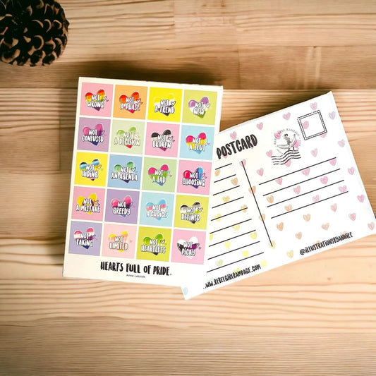 Hearts Full Of Pride Postcard, LGBTQ community, hearts, pride, love, gender affirming, Rebel Girl Rampage