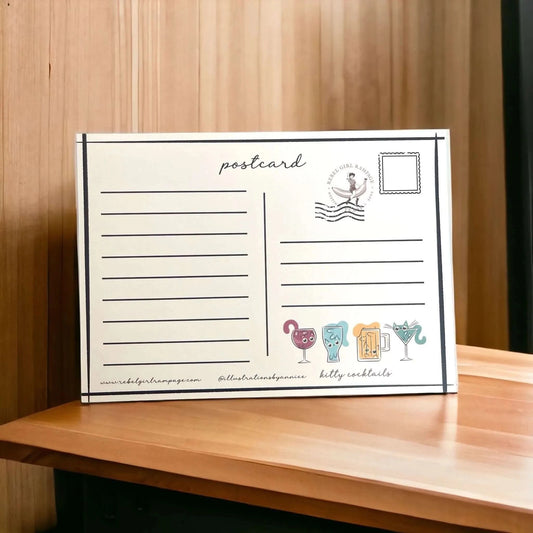 Kitty Cocktails Postcard Set, funny, cute, wine, beer, martini cats, cat lovers, cat mom, cat dad, whimsical, Rebel Girl Rampage