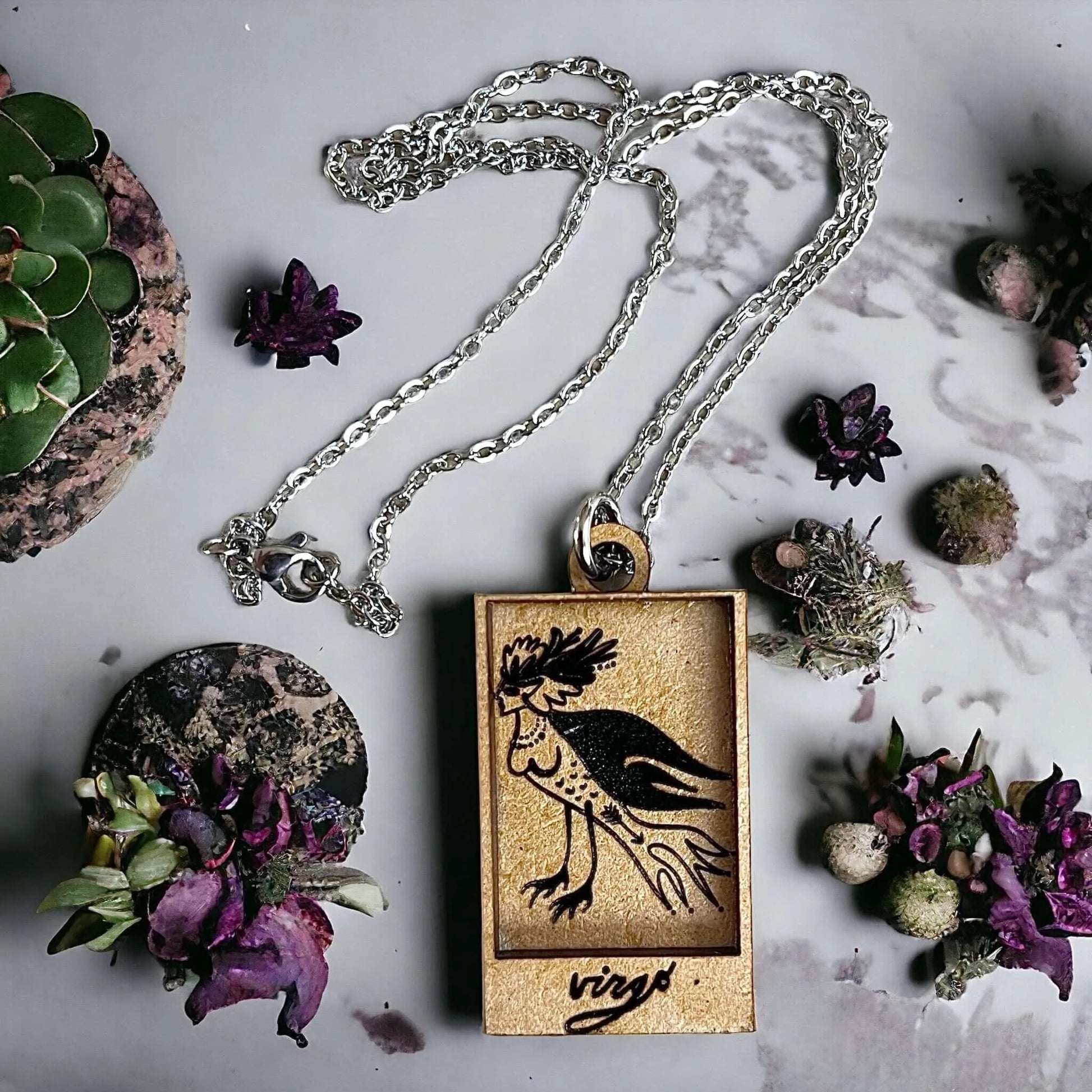 Virgo Zodiac Astrology Wood Shadow box Engraved Pendant,  Hand Crafted zodiac Earth Sign pendant on wood with silver stainless steel chain, Rebel Girl Rampage
