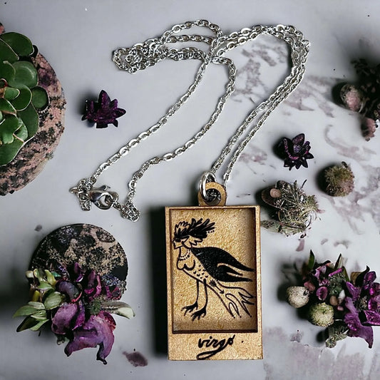Virgo Zodiac Astrology Wood Shadow box Engraved Pendant,  Hand Crafted zodiac Earth Sign pendant on wood with silver stainless steel chain, Rebel Girl Rampage