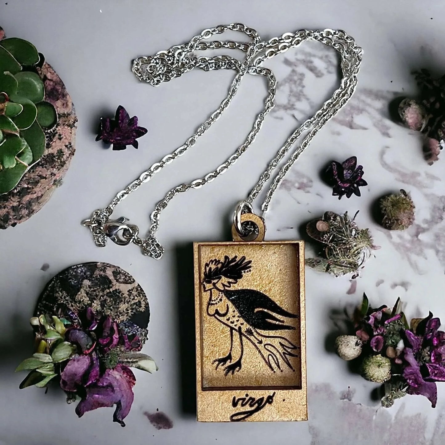 Virgo Zodiac Astrology Wood Shadow box Engraved Pendant, Hand Crafted zodiac Earth Sign pendant on wood with silver stainless steel chain, Rebel Girl Rampage