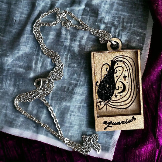 Aquarius Astrology Zodiac engraved etched wood shadow box Pendant