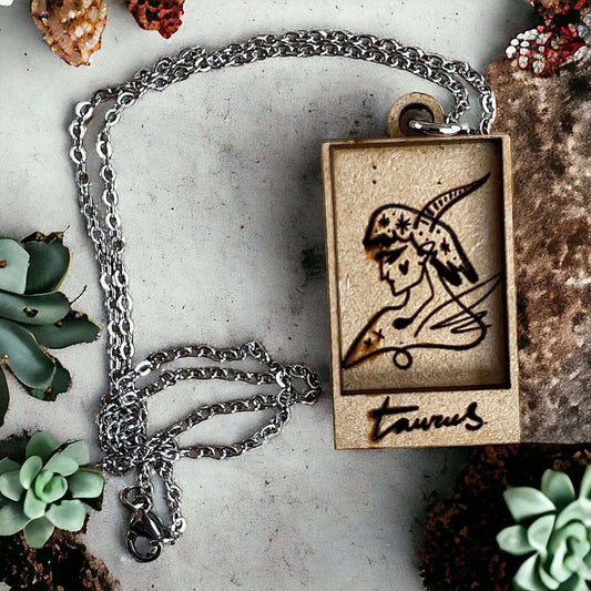 Taurus Zodiac Astrology Egraved Wood Shadow Box Pendant Earth Sign