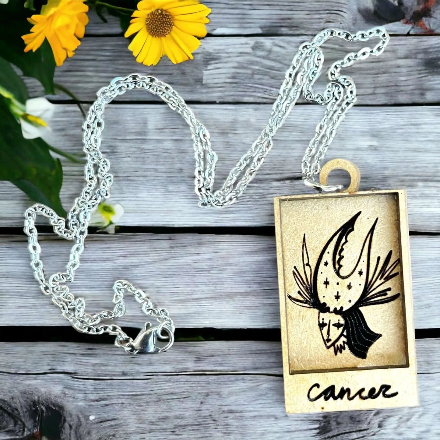 Cancer water sign astrology zodiac necklace shadow box pendant, up cycled wood, handmade, witchy, magical, whimsical, emotional, Rebel Girl Rampage