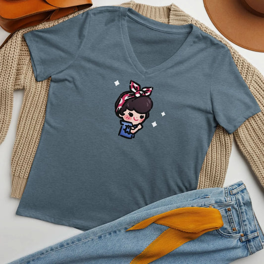 A blue V-neck t-shirt with a graphic design of a women’s rights icon Rosie The Riveter on the front, displayed on a flat surface with a pair of jeans and a sweater in the background by Rebel Girl Rampage
