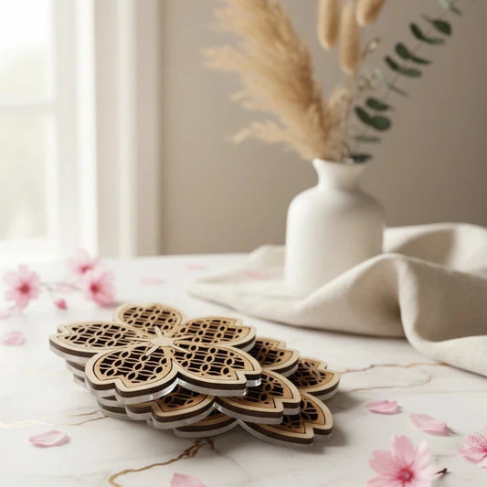 Sakura Cherry Blossom Handcrafted Wood and Acrylic Boho Coaster Set Home Accent Indoor Outdoor Decor