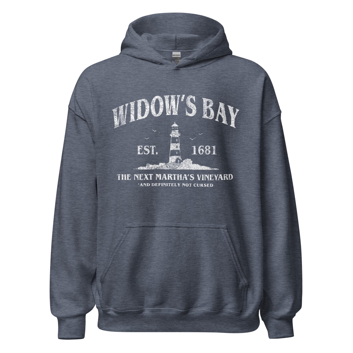 Navy Slate Blue Widow’s Bay hoodie with white text featuring a lighthouse saying “the next Martha’s Vineyard” at Rebel Girl Rampage
