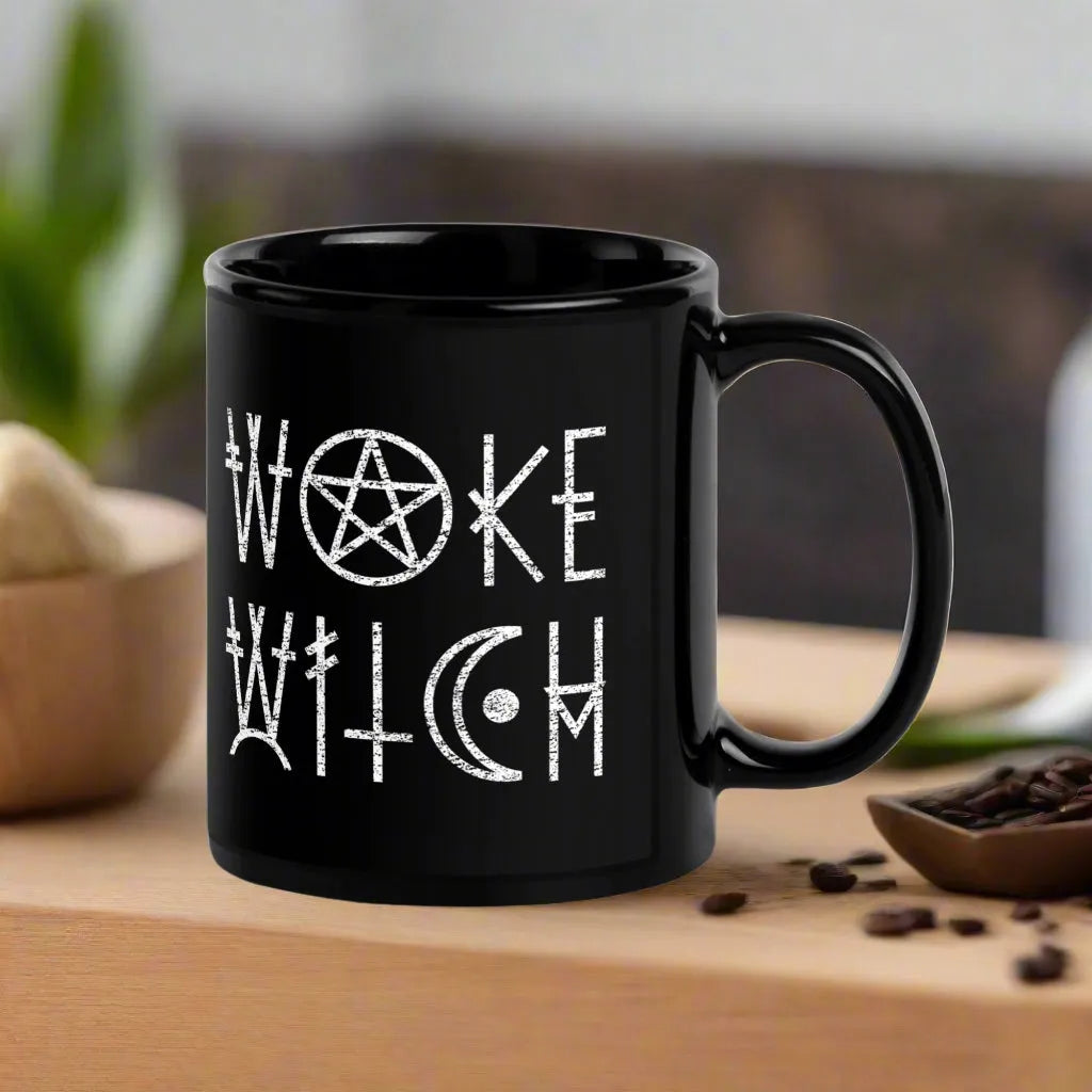 Woke Witch Black Ceramic Coffee Mug, Feminist, Pentagram, Rebel Girl Rampage