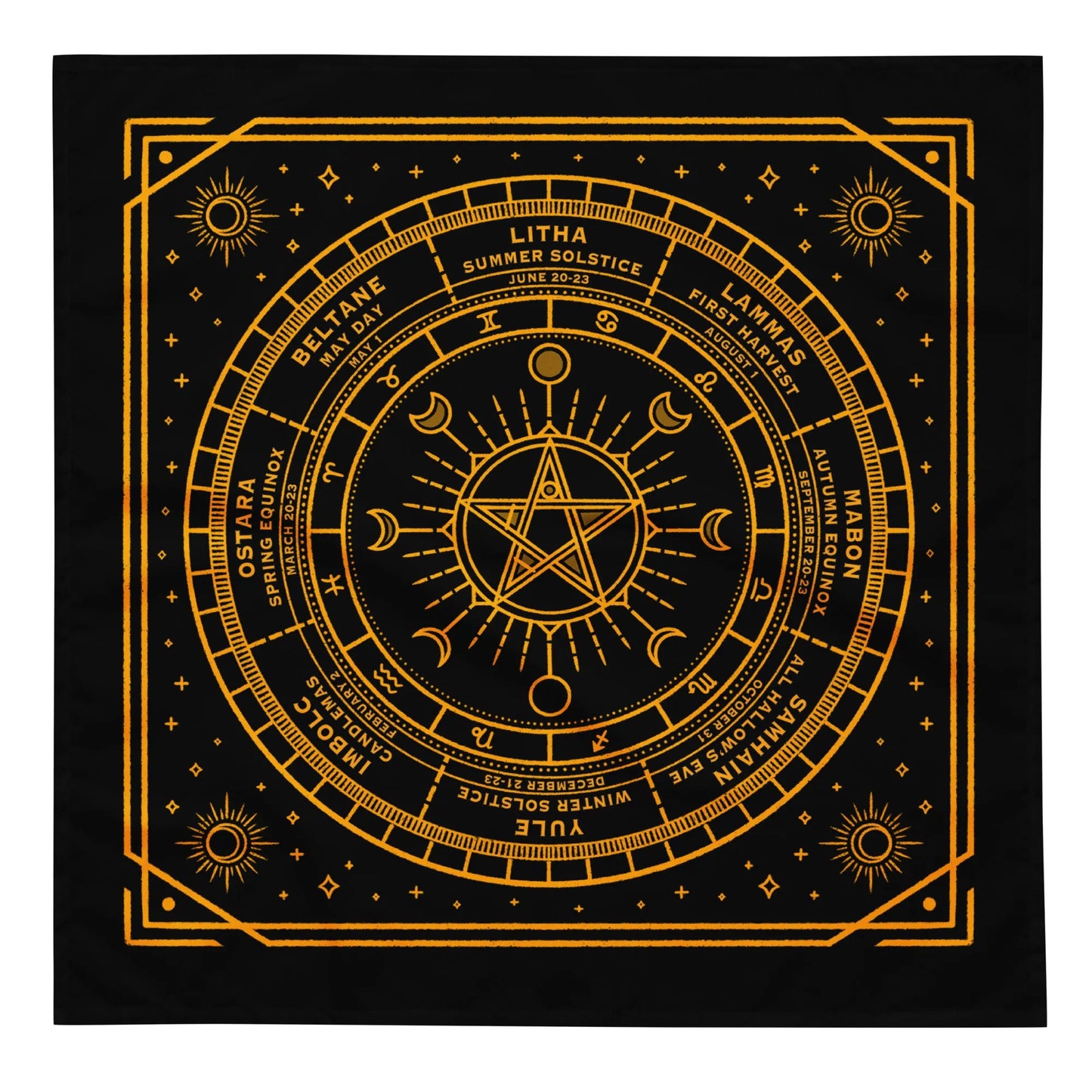 Wiccan Calendar wheel of the year bandana, black bandana with a gold print of the Beltane pagan calendar, season of the witch ,Anne Lesniak, Rebel Girl Rampage