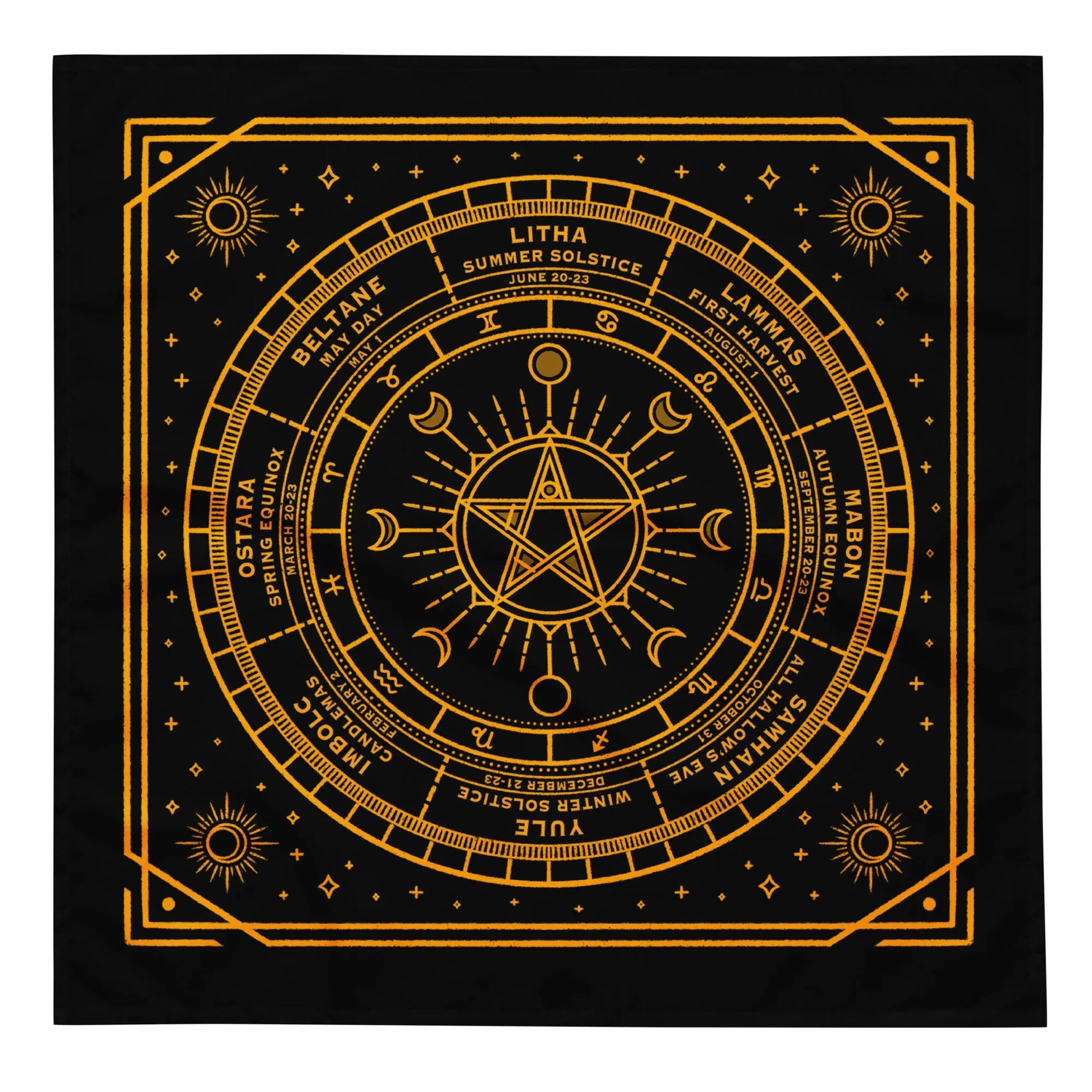 Wiccan Calendar wheel of the year bandana, black bandana with a gold print of the Beltane pagan calendar, season of the witch ,Anne Lesniak, Rebel Girl Rampage