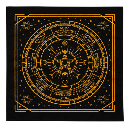 Wiccan Calendar wheel of the year bandana, black bandana with a gold print of the Beltane pagan calendar, season of the witch ,Anne Lesniak, Rebel Girl Rampage