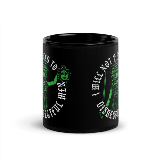 Will Not Yield Black Ceramic Coffee MUG, AOC, feminist art, Medusa, Girl Power, Anne Lesniak, Rebel Girl Rampage