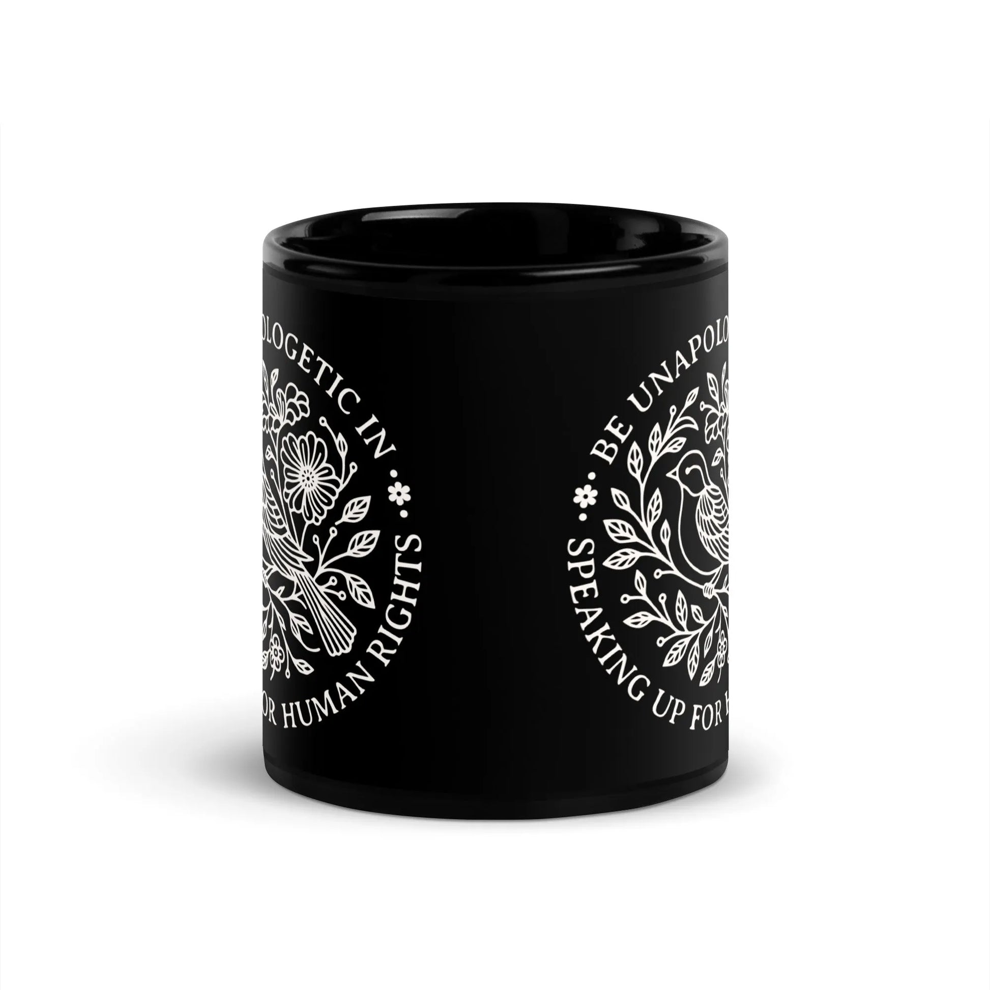 Speaking Up For Human Rights Black Glossy Ceramic Coffee Mug, Nature Graphic Art, Rebel Girl Rampage