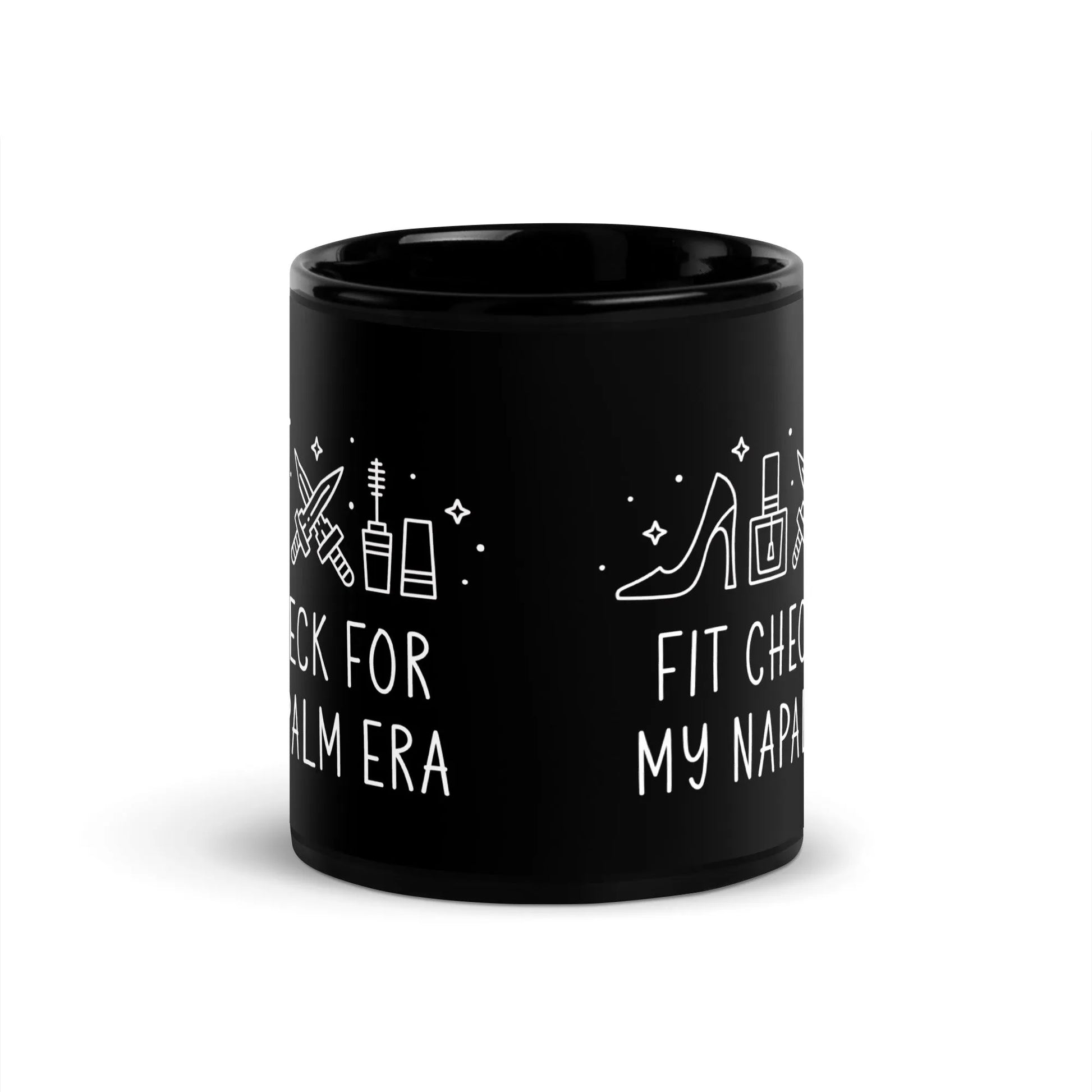 Kpop Demon Hunters Fit Check for My Napalm Era graphic with makeup, heels and swords on a black glossy ceramic coffee mug, Rebel Girl Rampage