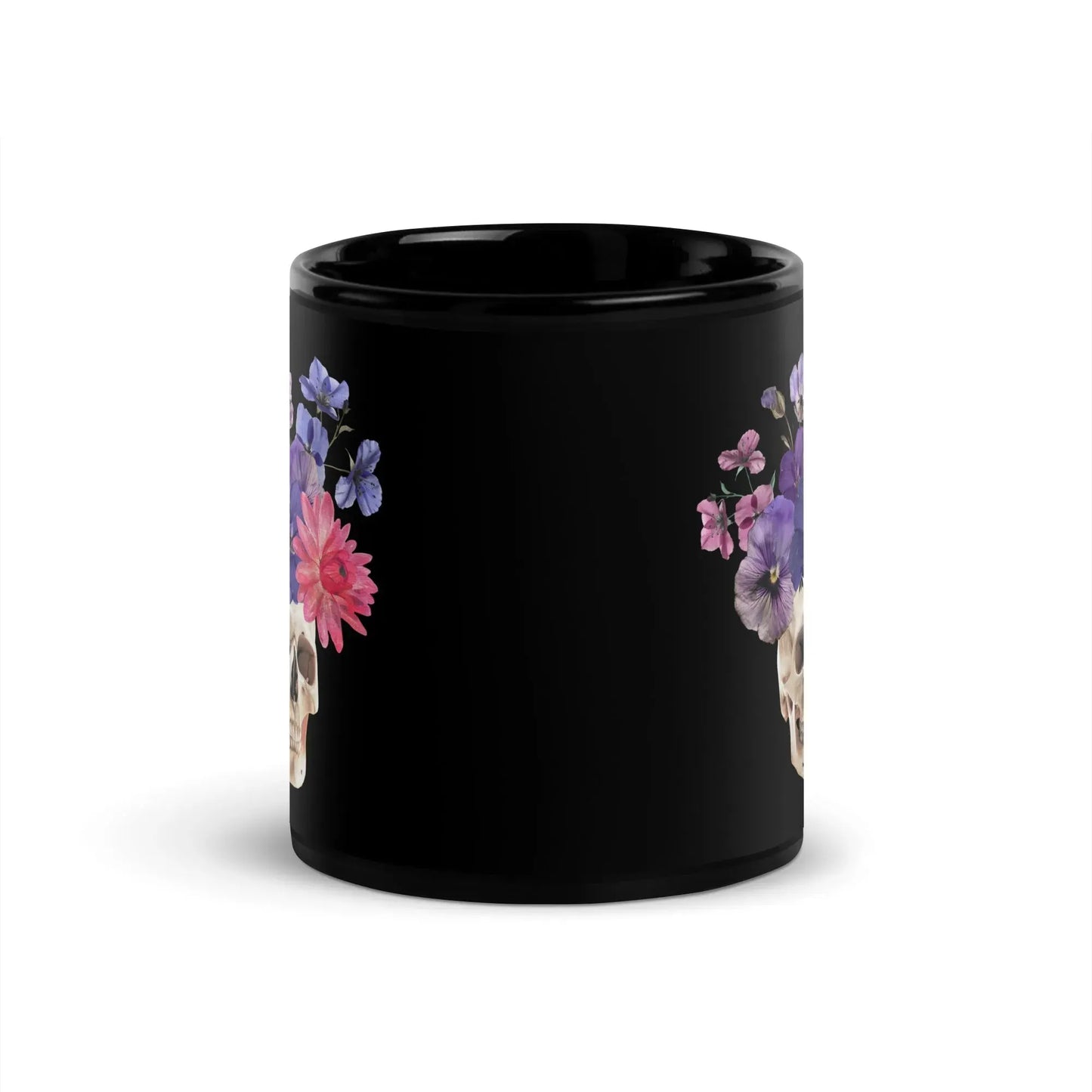 Skull graphic with beautiful pink and purple flowers on a black coffee mug, macabre, beautiful, nature, witchy, floral, spooky season, Rebel Girl Rampage