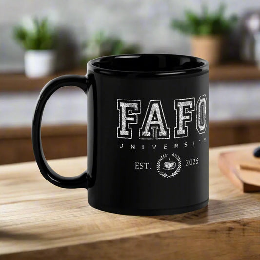FAFO University Black Ceramic Coffee Mug, Home Goods, collegiate Alma Mater, fuck around and find out, Rebel Girl Rampage