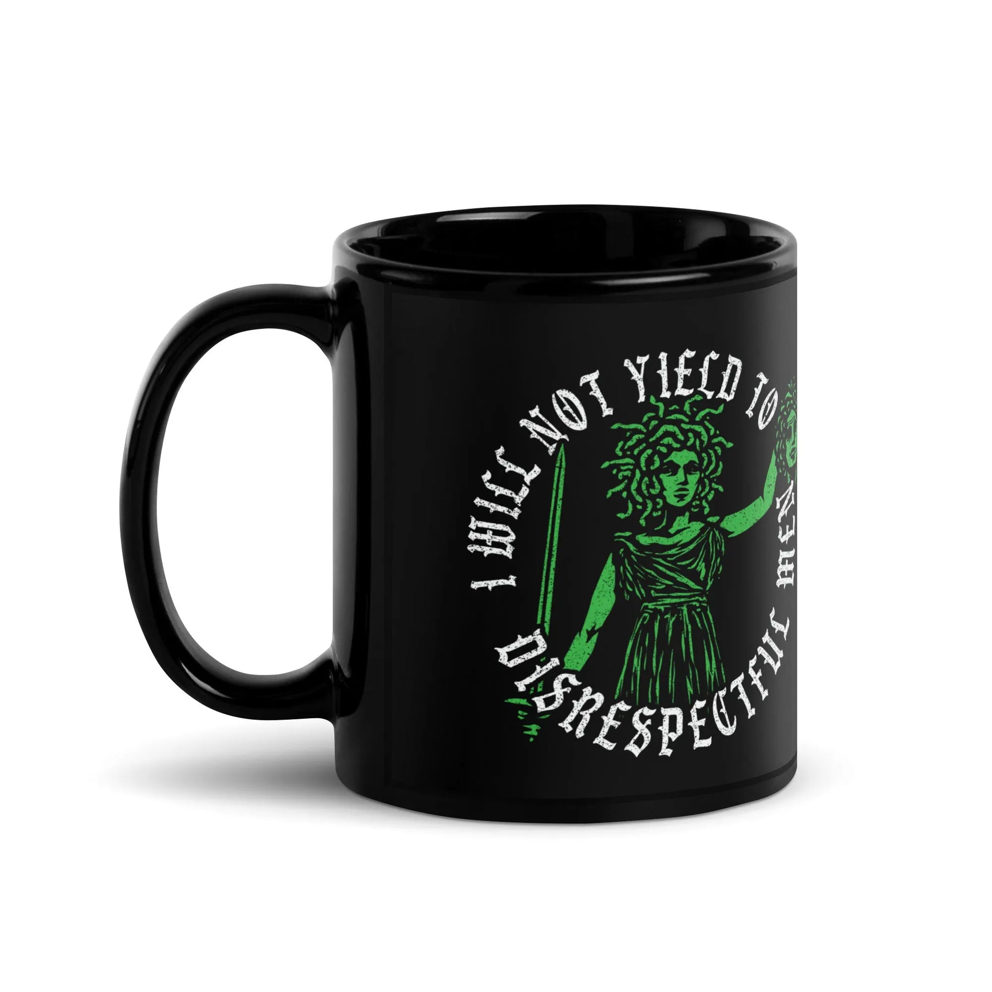 Will Not Yield Black Ceramic Coffee MUG, AOC, feminist art, Medusa, Girl Power, Anne Lesniak, Rebel Girl Rampage