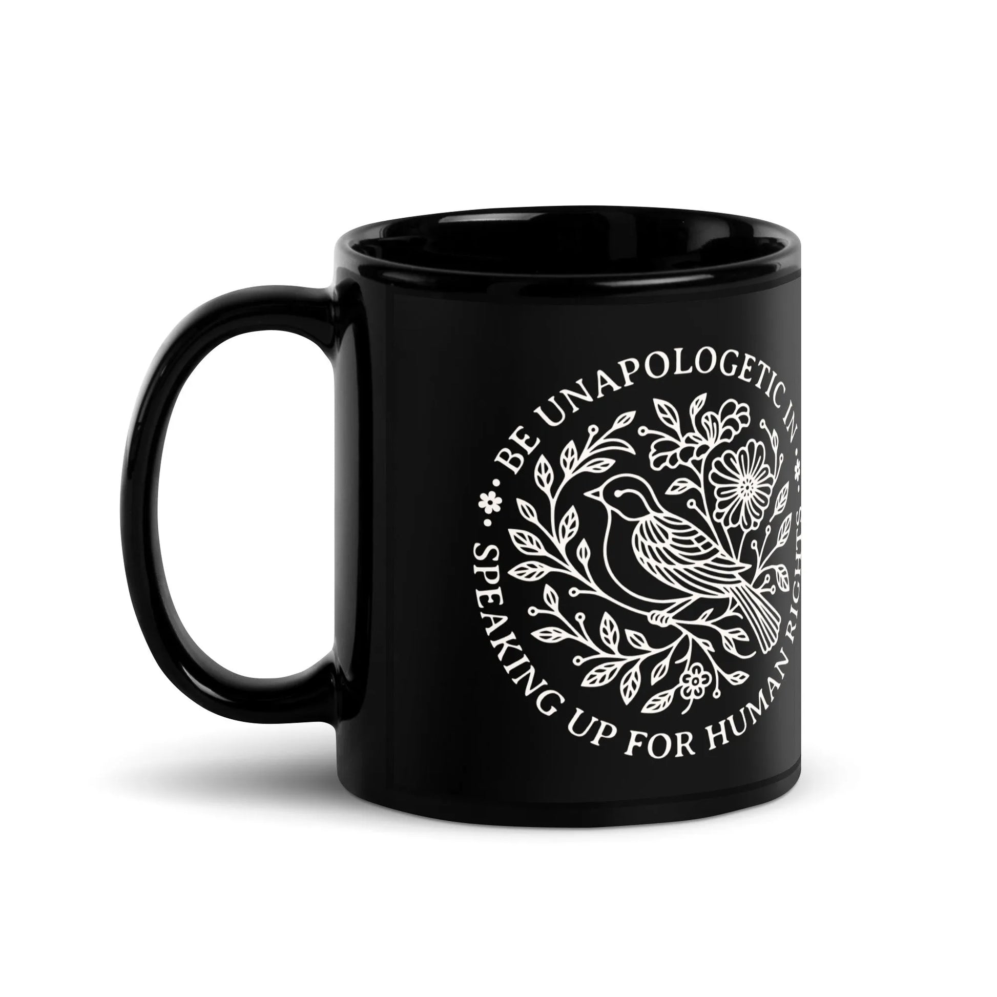 Speaking Up For Human Rights Black Glossy Ceramic Coffee Mug, Nature Graphic Art, Rebel Girl Rampage
