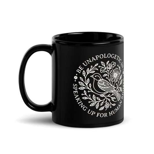 Speaking Up For Human Rights Black Glossy Ceramic Coffee Mug, Nature Graphic Art, Rebel Girl Rampage