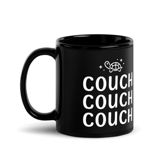 COUCH COUCH COUCH Glossy Black Ceramic Coffee Mug, Sparkly Turtle Graphic, Kpop Demon Hunters, Rebel Girl Rampage