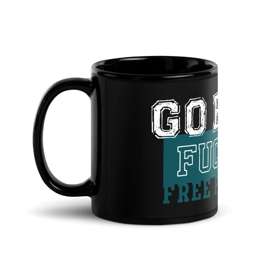 Go Birds, Fuck ICE, Free Palestine white and turquoise graphic on a black glossy ceramic coffee mug, Rebel Girl Rampage, $5 from each mug sold will be donated to CHOP- Children's Hospital of Philadelphia.