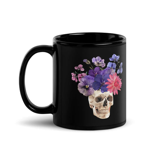 Skull graphic with beautiful pink and purple flowers on a black coffee mug, macabre, beautiful, nature, witchy, floral, spooky season, Rebel Girl Rampage