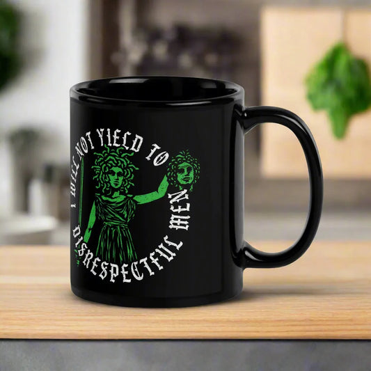 Will Not Yield Black Ceramic Coffee MUG, AOC, feminist art, Medusa, witchy Girl Power, Anne Lesniak, Rebel Girl Rampage