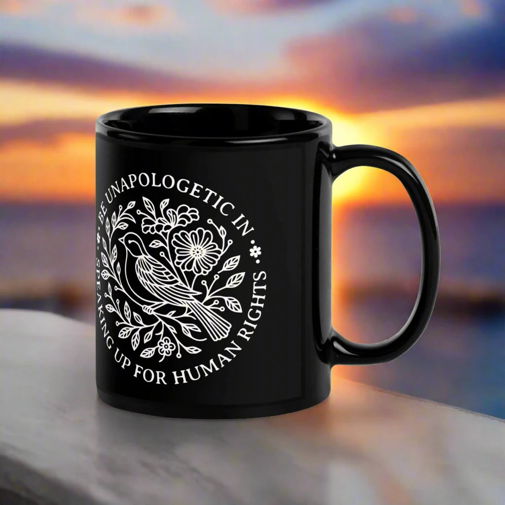 Speaking Up For Human Rights Black Glossy Ceramic Coffee Mug, Nature Graphic Art, Rebel Girl Rampage