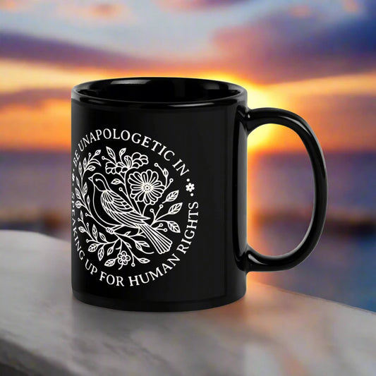 Speaking Up For Human Rights Black Glossy Ceramic Coffee Mug, Nature Graphic Art, Rebel Girl Rampage
