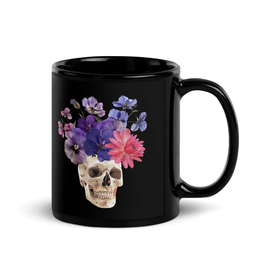 Skull graphic with beautiful pink and purple flowers on a black coffee mug, macabre, beautiful, nature, witchy, floral, spooky season, Rebel Girl Rampage