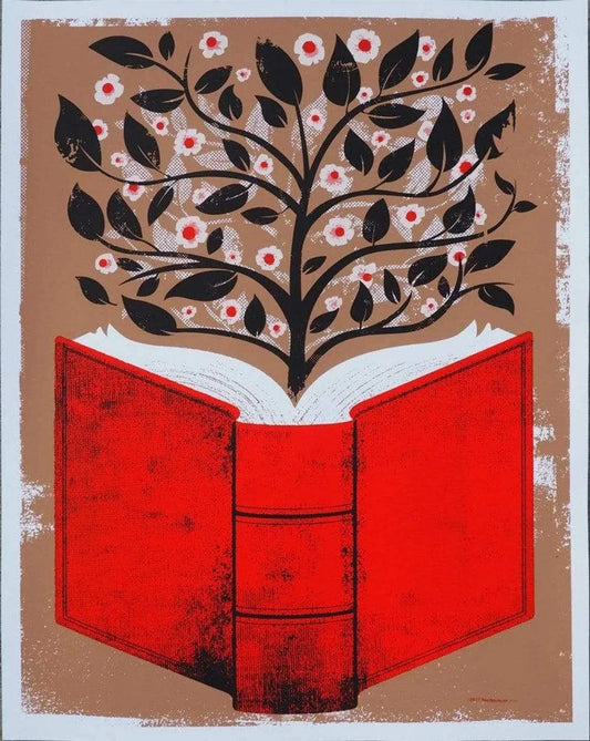 Book in Bloom hand silkscreened art poster small batch by nerdmonger reading power, save the library, Rebel Girl Rampage