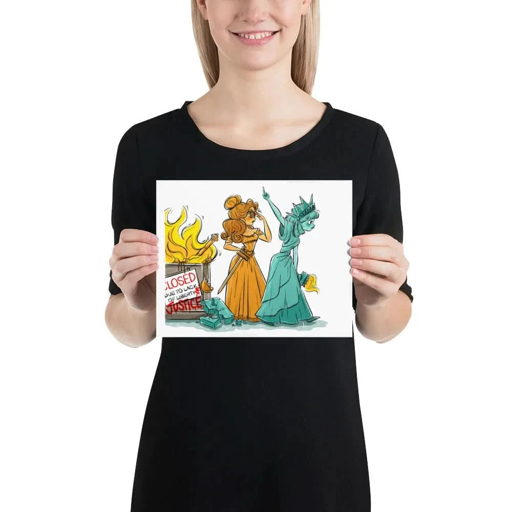 Closed due to lack of liberty and justice, comic cartoon, lady liberty, political art, print, democracy, liberty and justice for all, Rebel Girl Rampage