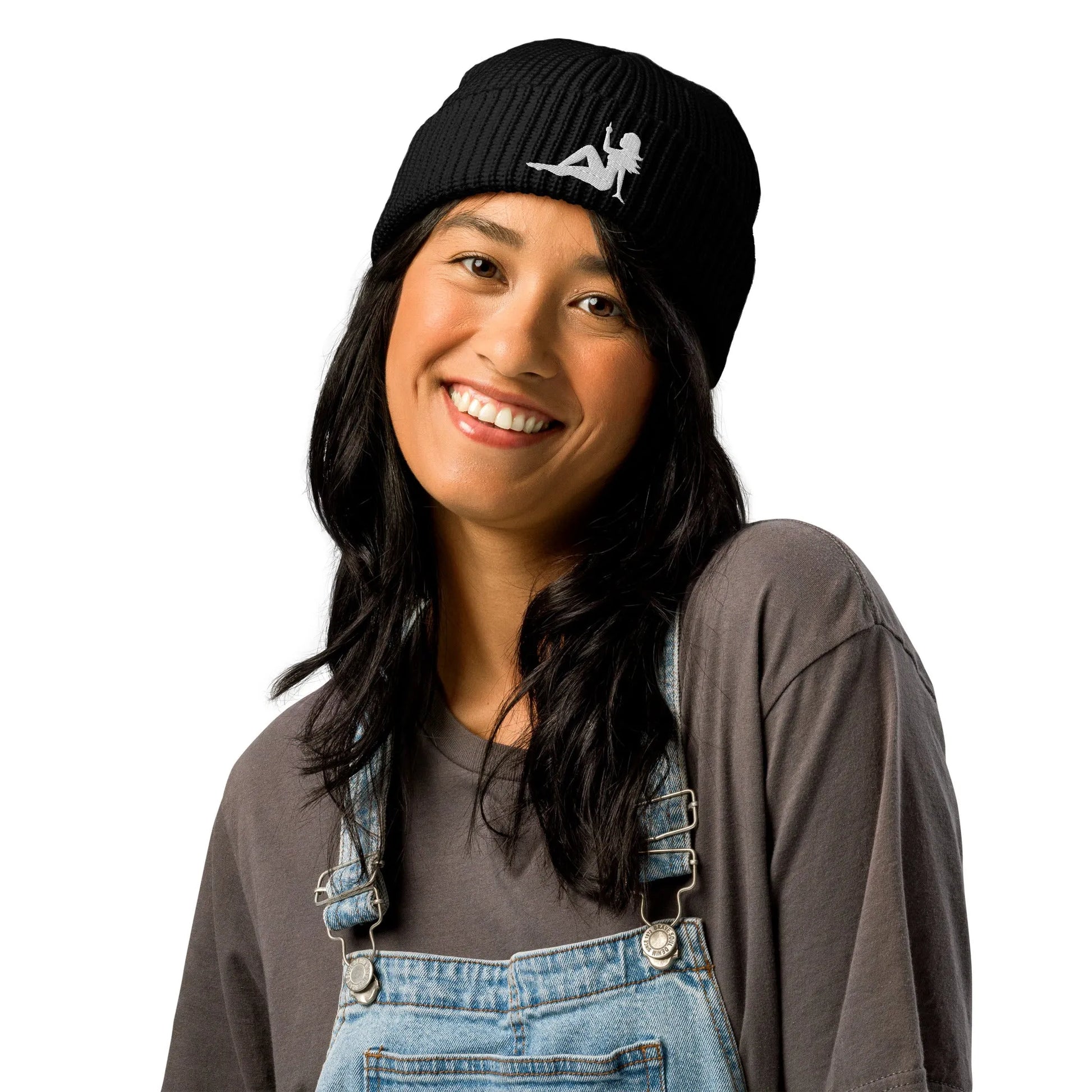 Mud Flap Chick Middle Finger Embroidered Knit Fisherman Beanie. Women empowerment feminist Winter hats by Rebel Girl Rampage