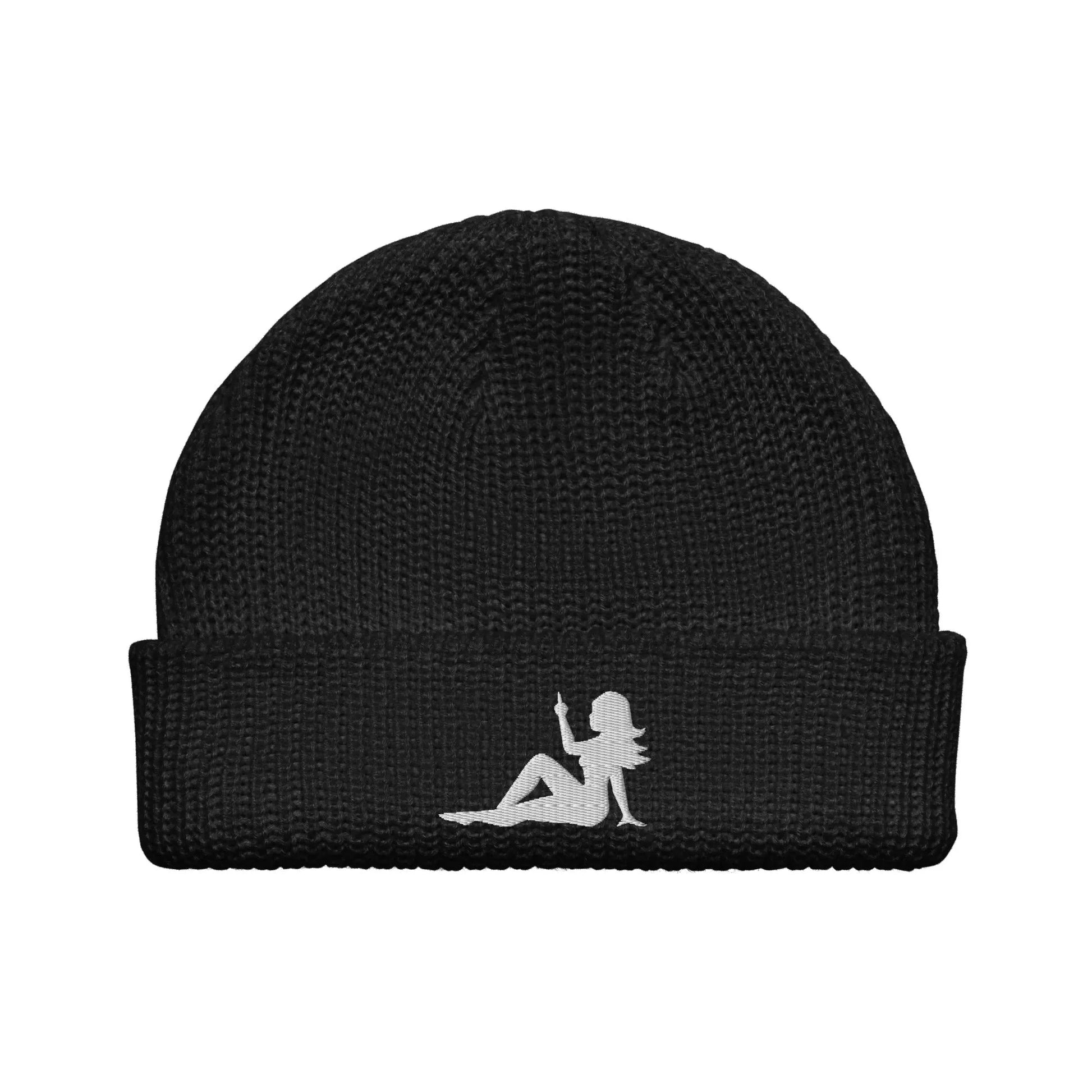 Mud Flap Chick Middle Finger Embroidered Knit Fisherman Beanie. Girl Power Winter hats by Rebel Girl Rampage