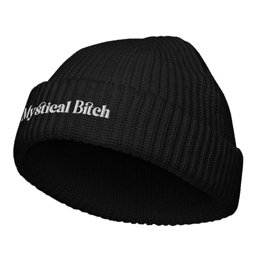 A black fisherman Beanie embroidered with the words Mystical Bitch by Rebel Girl Rampage